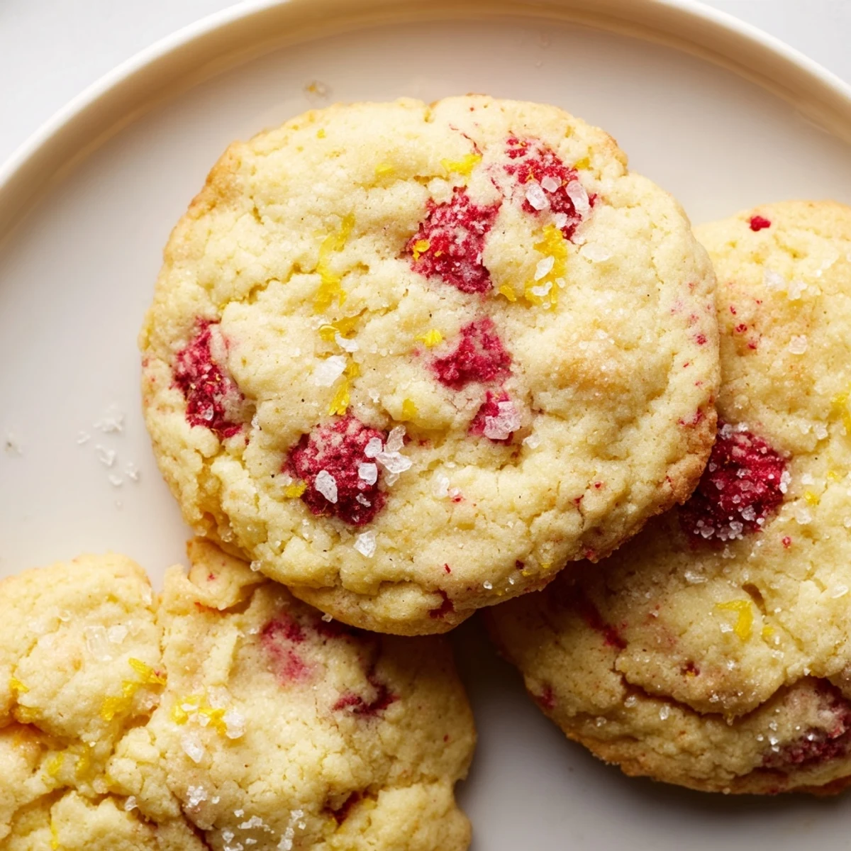 Chewy lemon raspberry cookies topped with powdered sugar beside a refreshing glass of iced tea