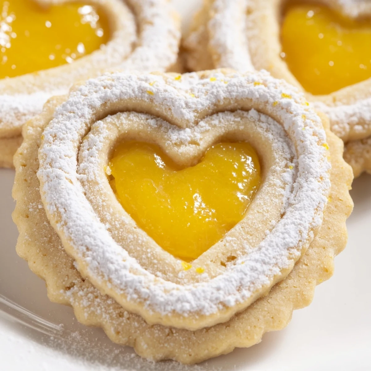Meyer Lemon Curd Linzer Cookies with powdered sugar dusting reveal golden almond shortbread layers.