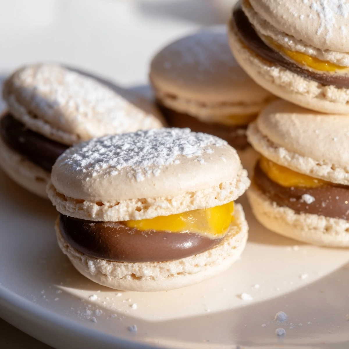 Colorful Cadbury Egg macarons arranged on a white serving plate for Easter