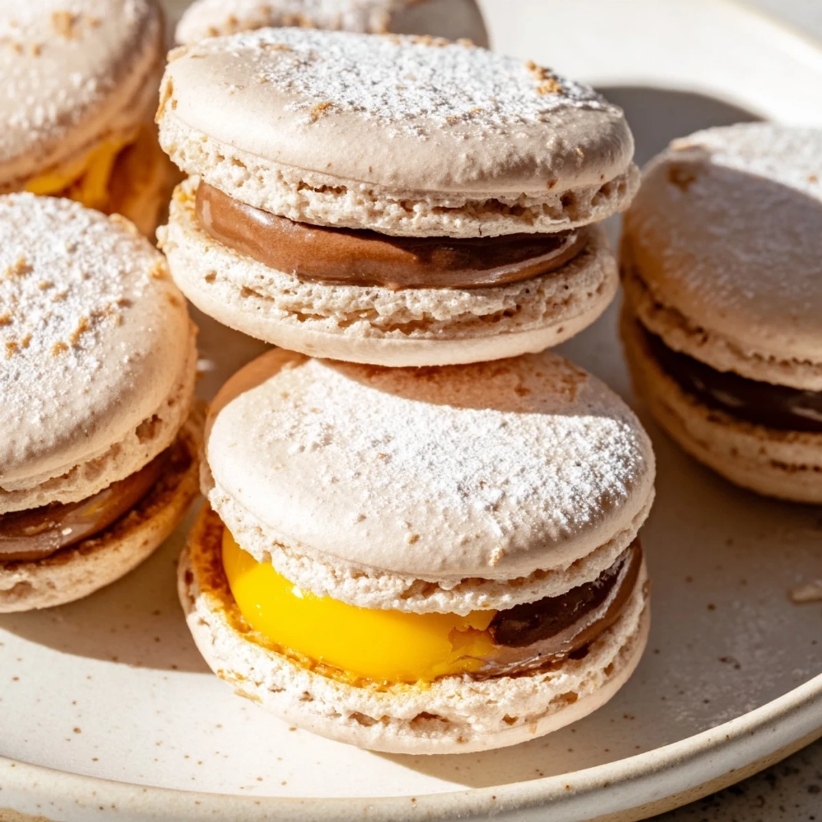 Golden yellow filling peeking out of chocolate Cadbury Egg macarons sandwich cookies