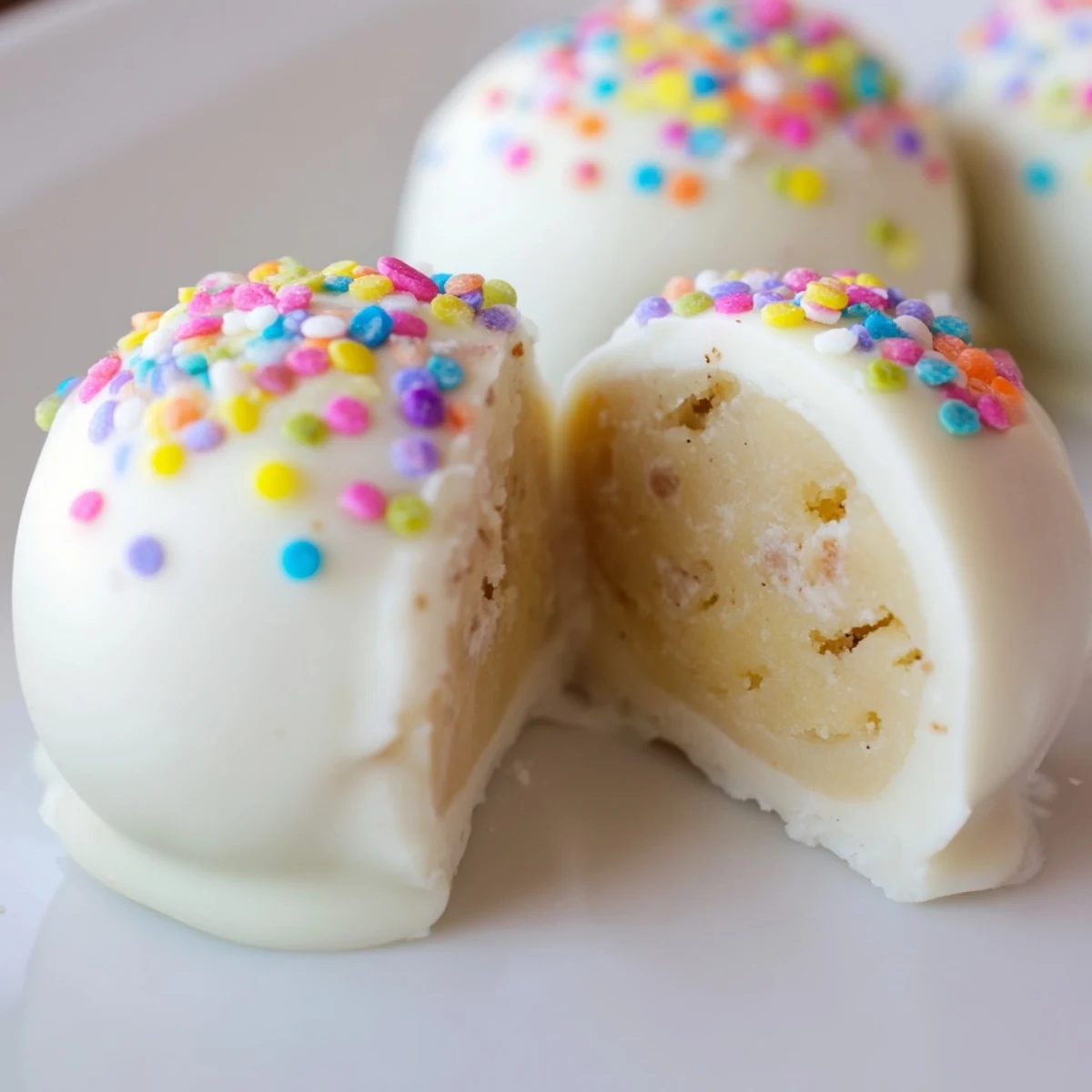 Creamy banana pudding Easter truffles coated in white chocolate with colorful festive sprinkles