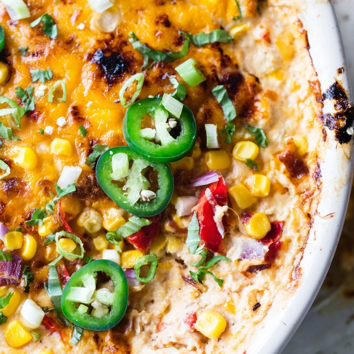 Creamy spicy roasted jalapeno cowboy cream cheese dip served bubbly and golden with tortilla chips