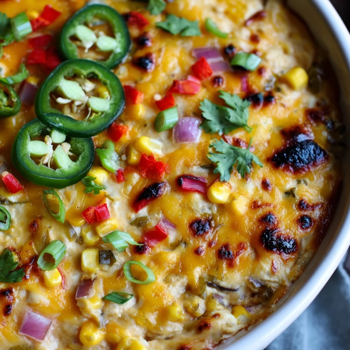Golden baked spicy roasted jalapeno cowboy cream cheese dip in a cast iron skillet