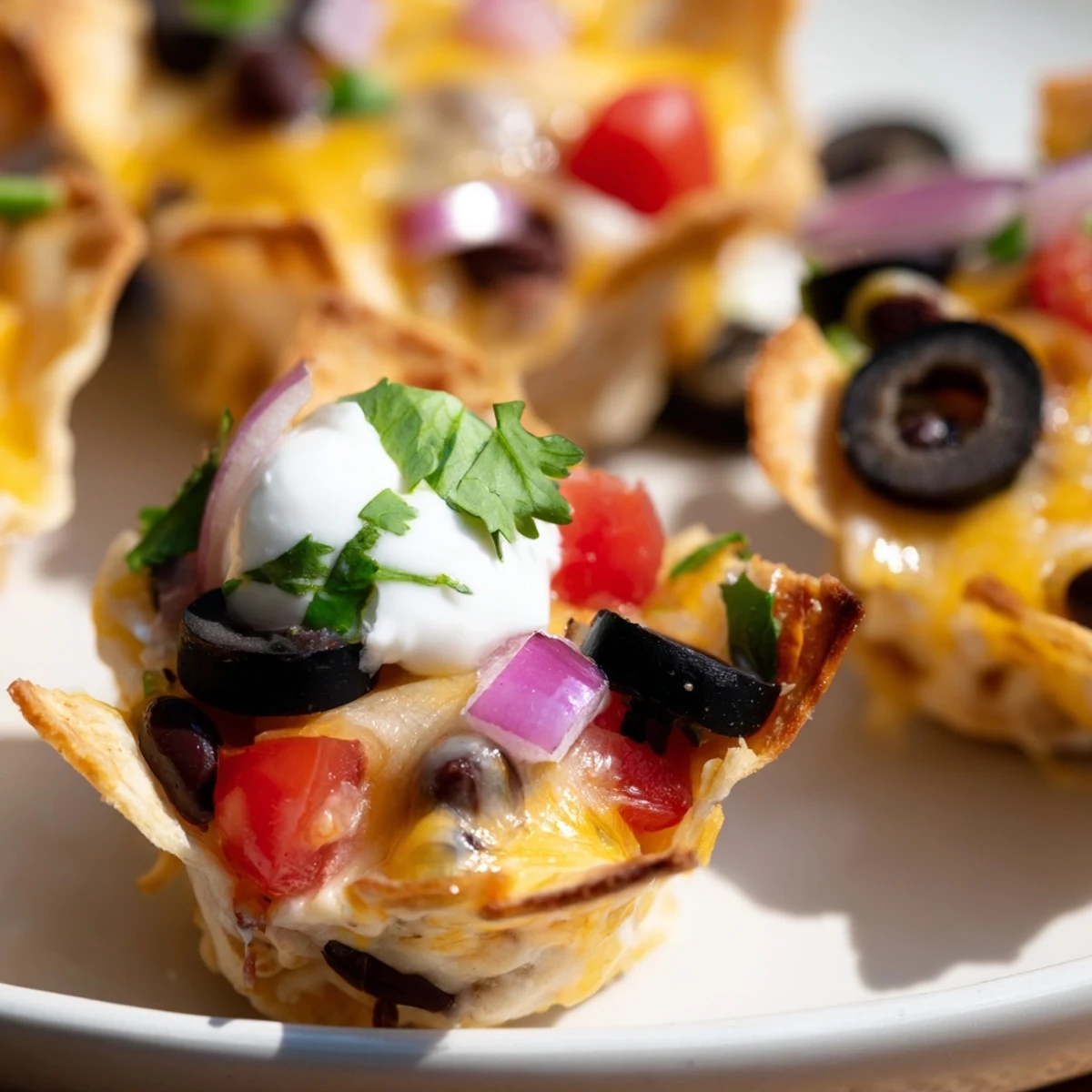 Golden cheesy nacho cups topped with beans tomatoes and melted cheddar Monterey Jack cheese