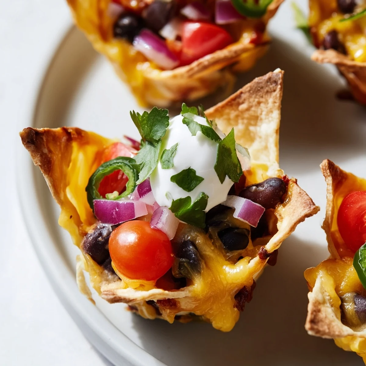 Crispy tortilla scoop cups overflowing with gooey melted cheese zesty jalapeños and fresh garnishes