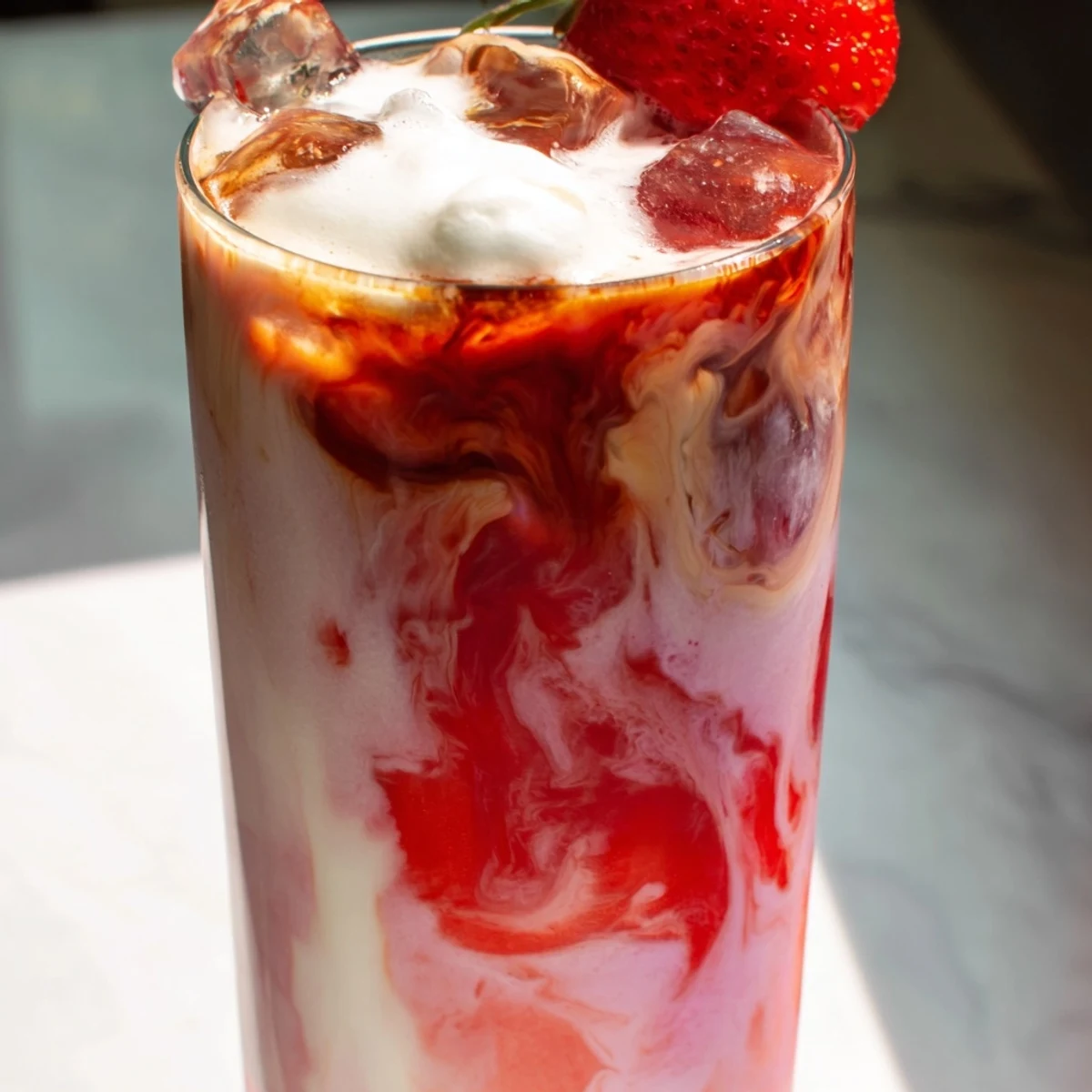 Creamy strawberry cold latte in a tall glass with swirled pink layers and ice