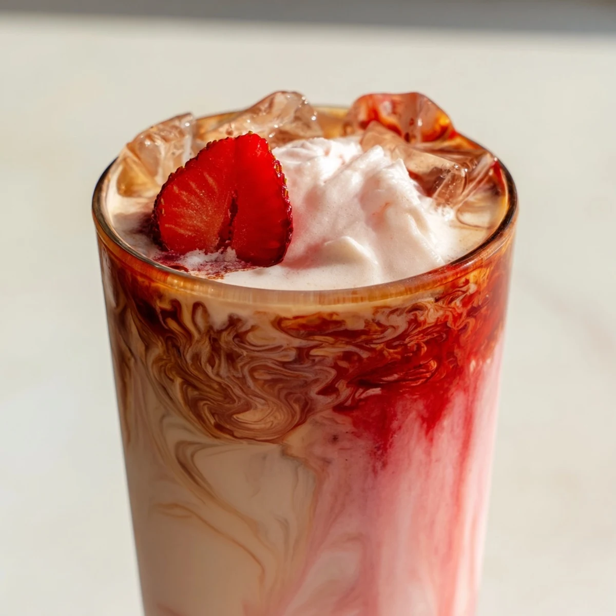 Homemade strawberry cream latte topped with whipped cream and fresh berry garnish