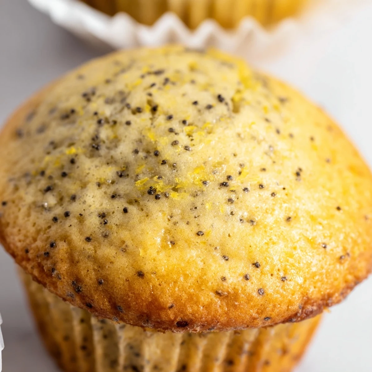 Golden lemon poppy seed muffins with domed tops fresh from the oven on a wire cooling rack.