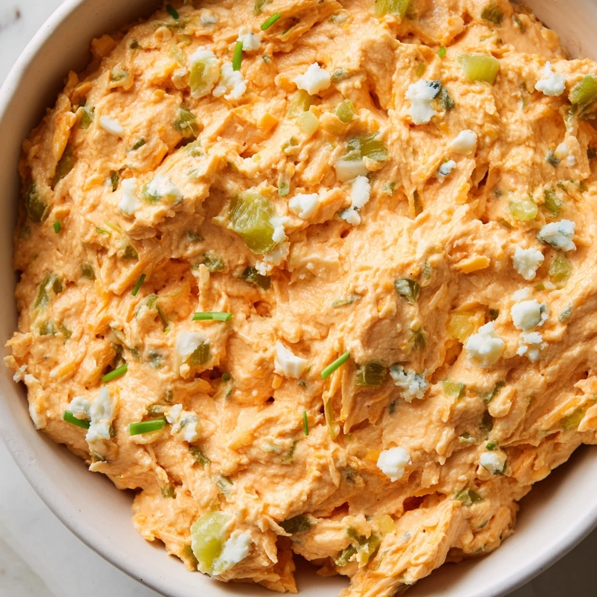 Creamy buffalo pickle dip in a serving bowl surrounded by crispy chips and fresh veggie sticks