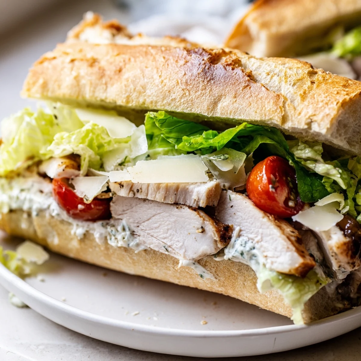 Golden toasted ciabatta holds juicy grilled chicken and crisp romaine in this Chicken Caesar Sandwich