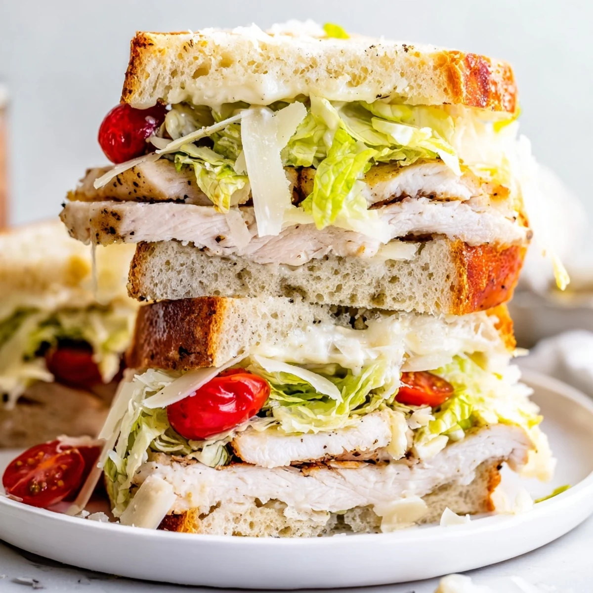 Sliced Chicken Caesar Sandwich on a wooden board with fresh romaine and shaved Parmesan