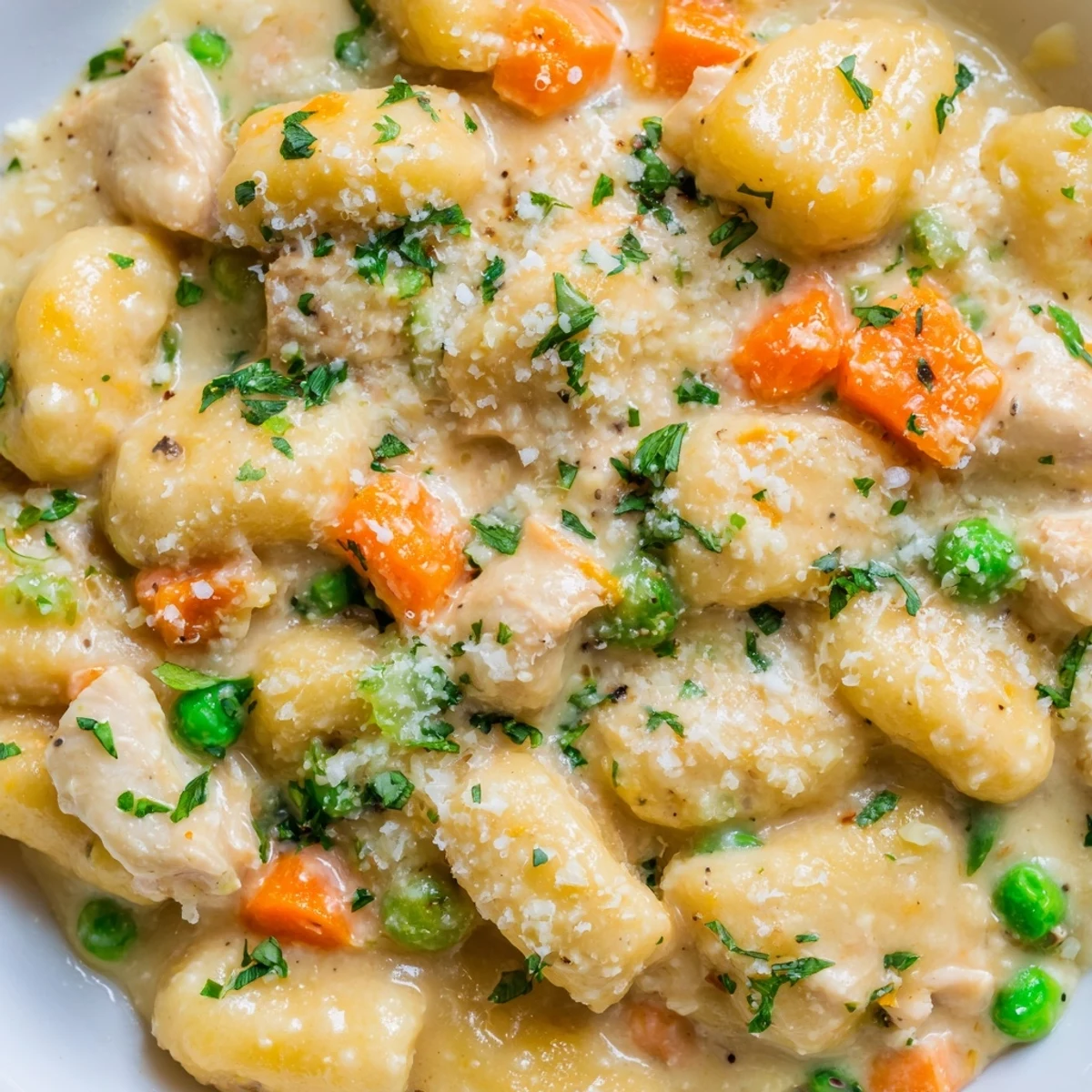 Creamy one pot gnocchi chicken pot pie served steaming in a rustic Dutch oven with fresh parsley garnish