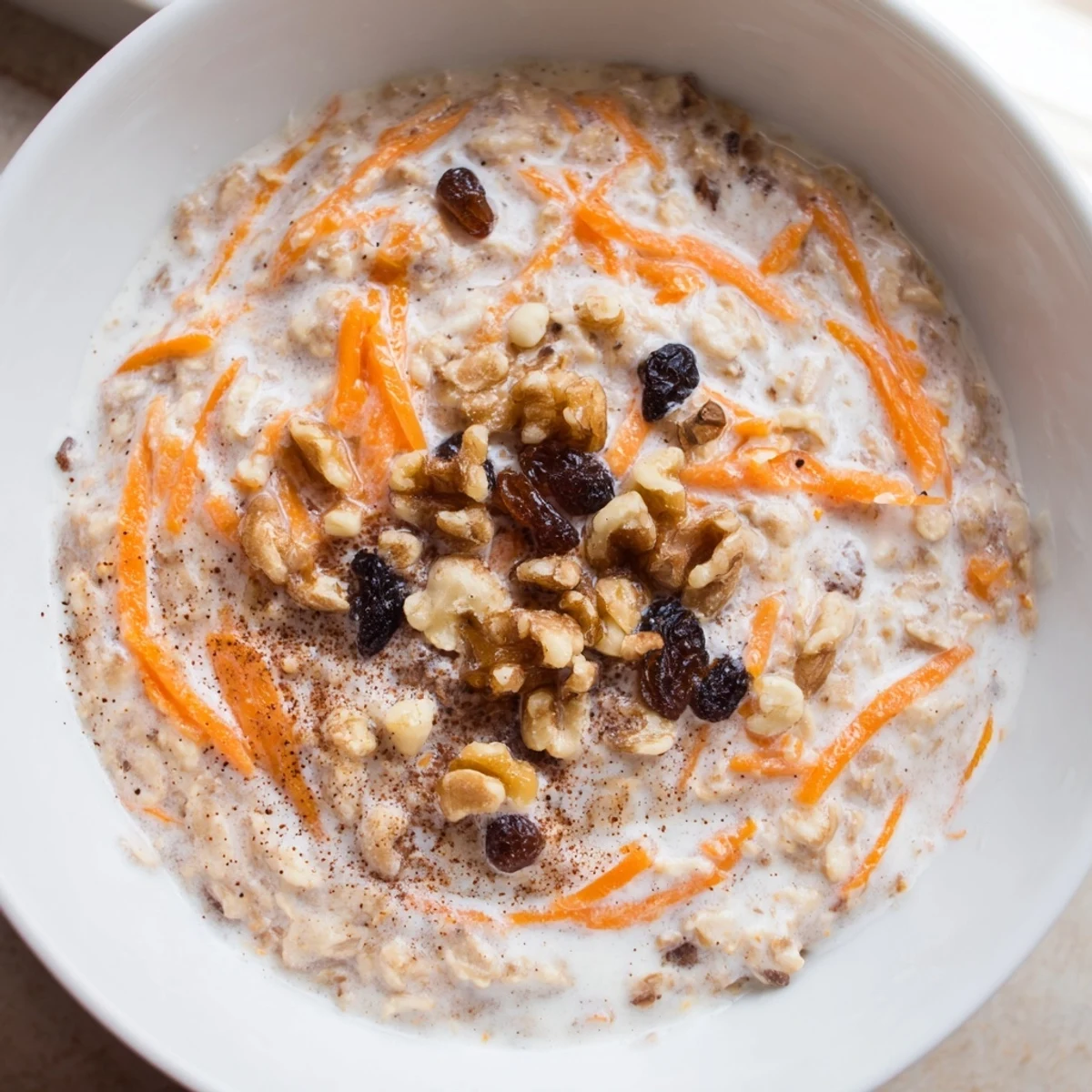 Carrot Cake Overnight Oats topped with chopped walnuts and a dusting of warm cinnamon