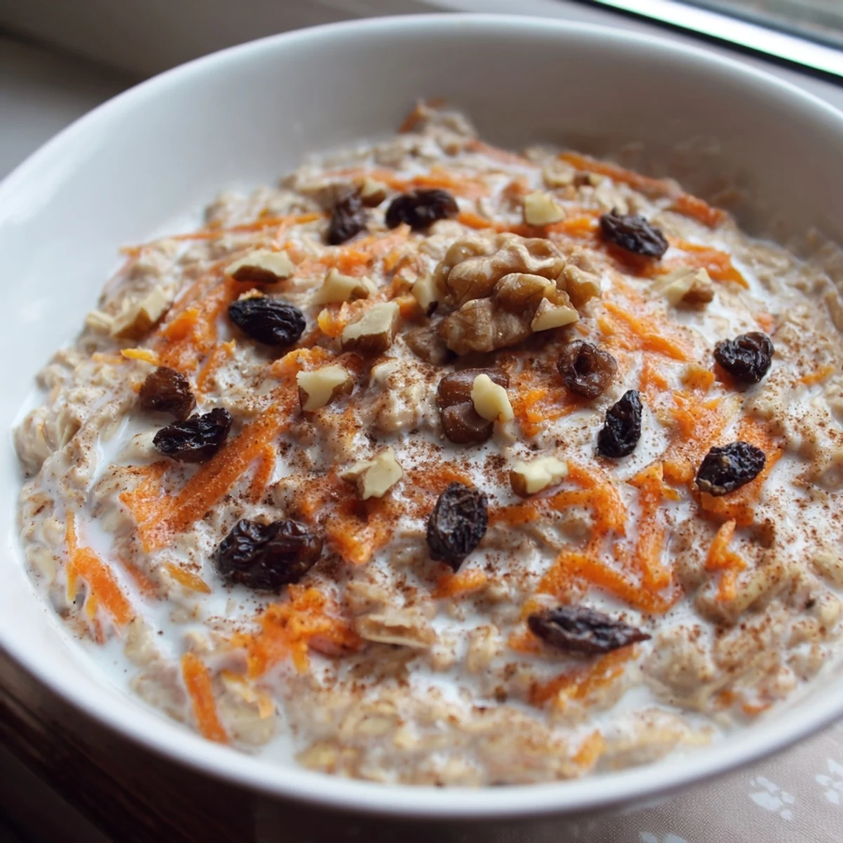 Creamy Carrot Cake Overnight Oats in a mason jar with grated carrots and raisins