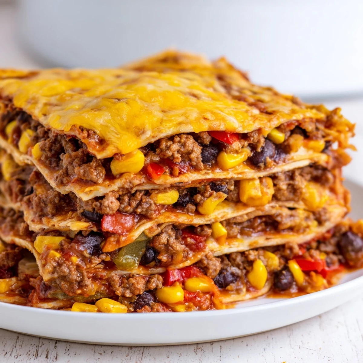 Golden melted cheese tops this Mexican lasagna with layers of seasoned beef and tortillas