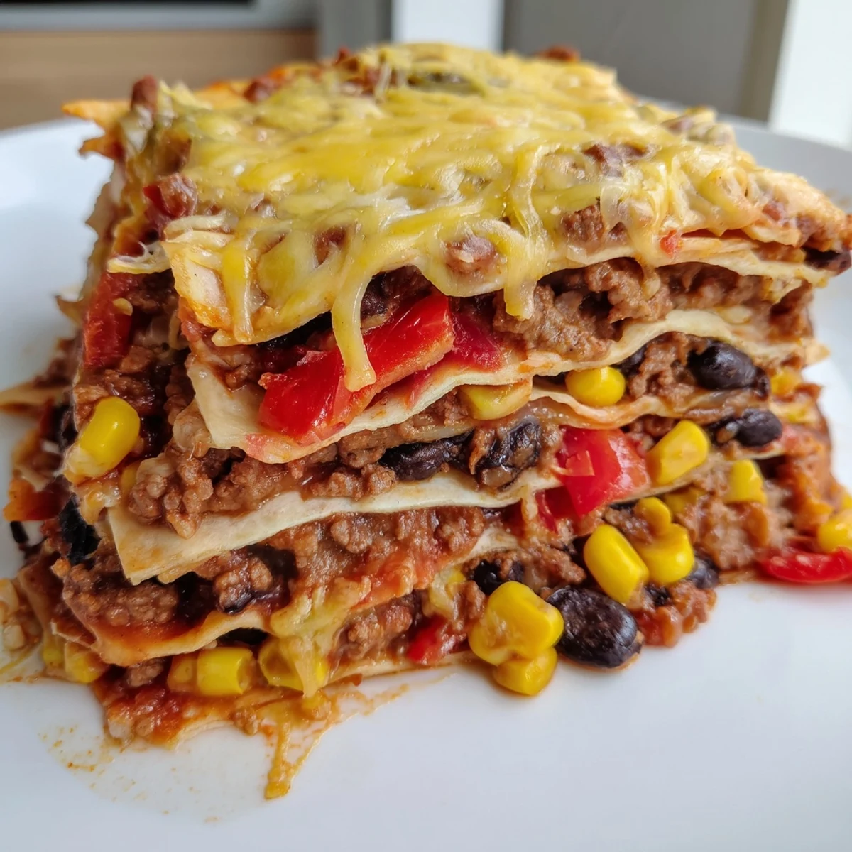 Mexican lasagna fresh from the oven with bubbling cheese and colorful bell pepper specks
