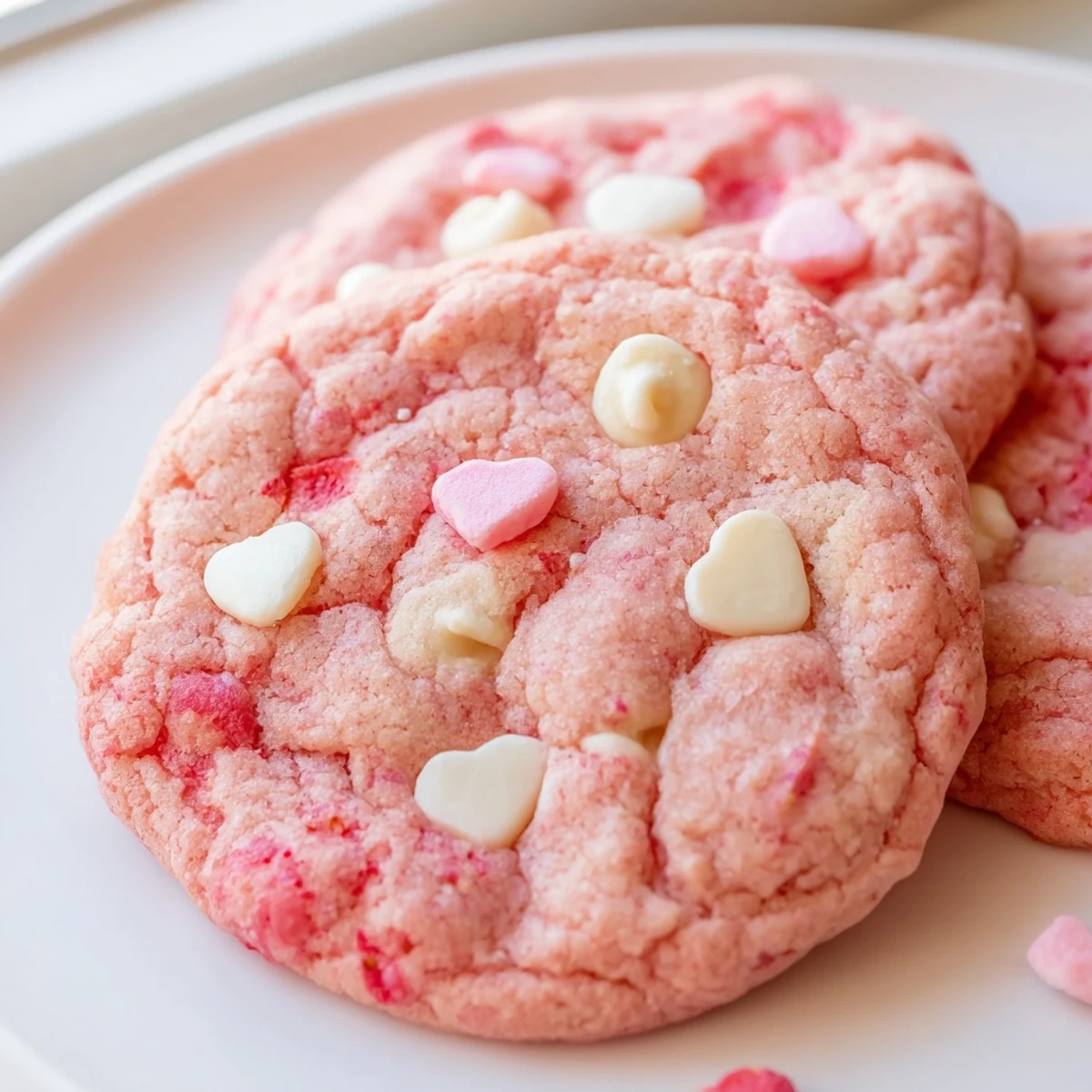 Soft pink Valentine strawberry cookies with white chocolate chips on rustic baking sheet