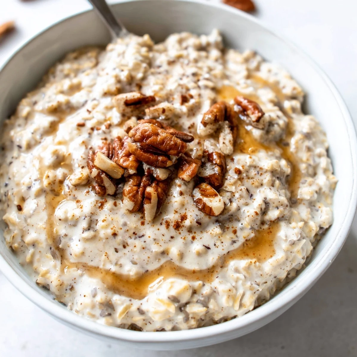 Creamy maple cinnamon pecan overnight oats in a mason jar with toasted nut topping