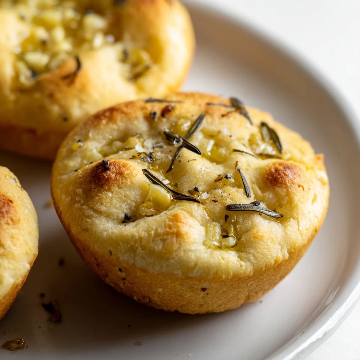 Golden garlic rosemary focaccia muffins fresh from the oven with crispy, herb-flecked tops.