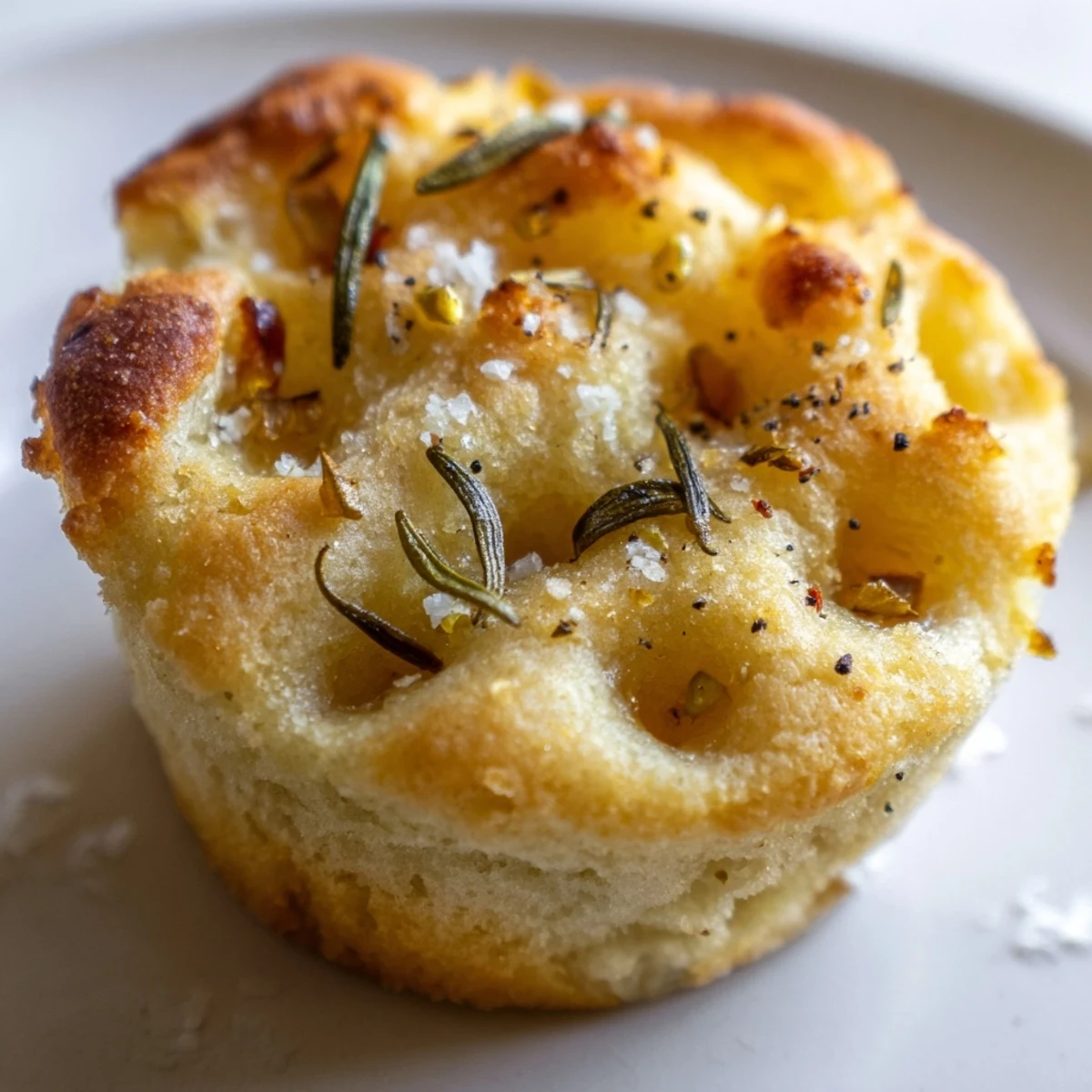 Individual garlic rosemary focaccia muffins drizzled with olive oil and sprinkled with sea salt.