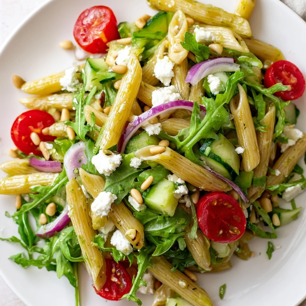 Quick lemon arugula pasta salad tossed with cherry tomatoes and crumbled feta cheese