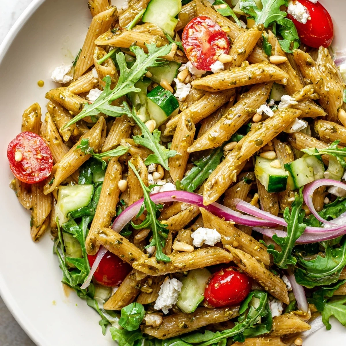 Fresh quick lemon arugula pasta salad in a white bowl with vibrant vegetables