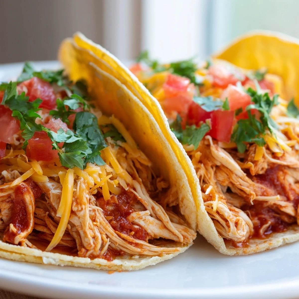 Juicy slow cooker shredded chicken tacos topped with melted cheese and fresh cilantro leaves