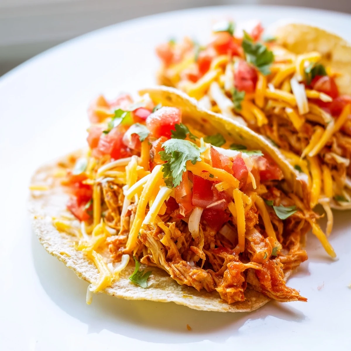 Tender slow cooker shredded chicken tacos loaded with crisp lettuce and creamy avocado slices