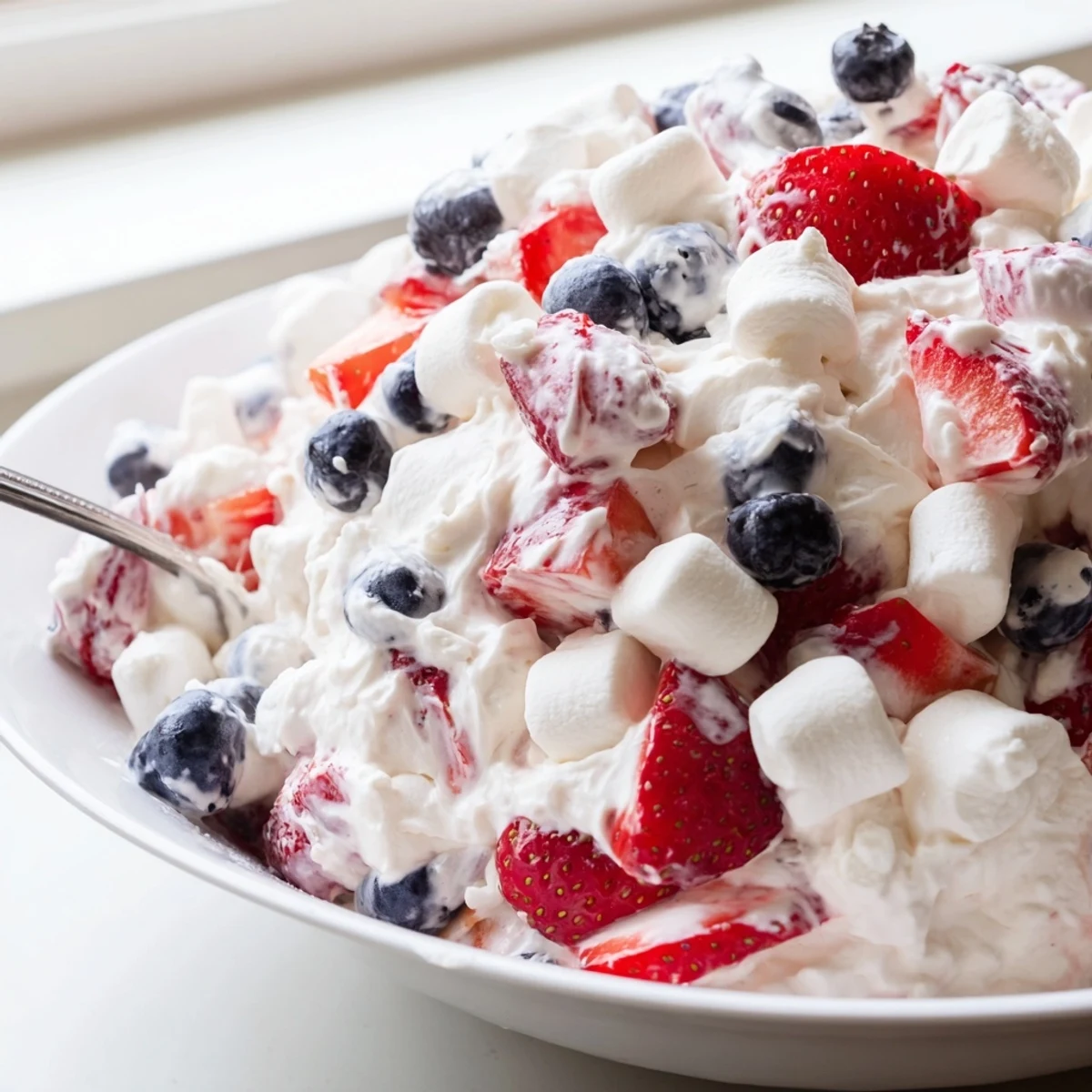Creamy red white blue cheesecake salad in a glass serving bowl with fresh berries scattered on top