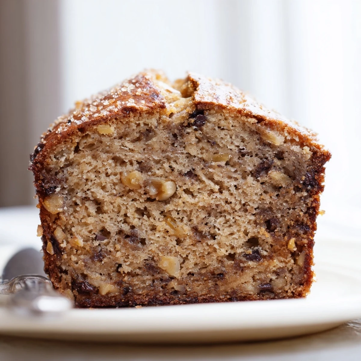 Golden crusted super moist banana bread sliced thick on a rustic wooden cutting board