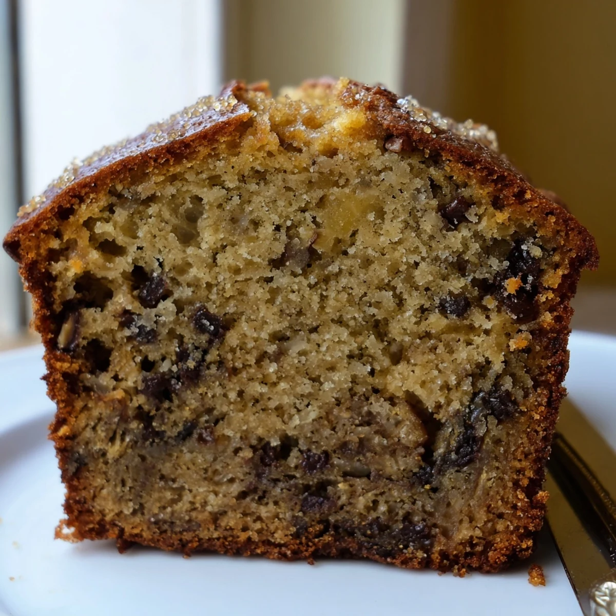 Warm super moist banana bread loaf dusted with cinnamon beside ripe bananas and butter