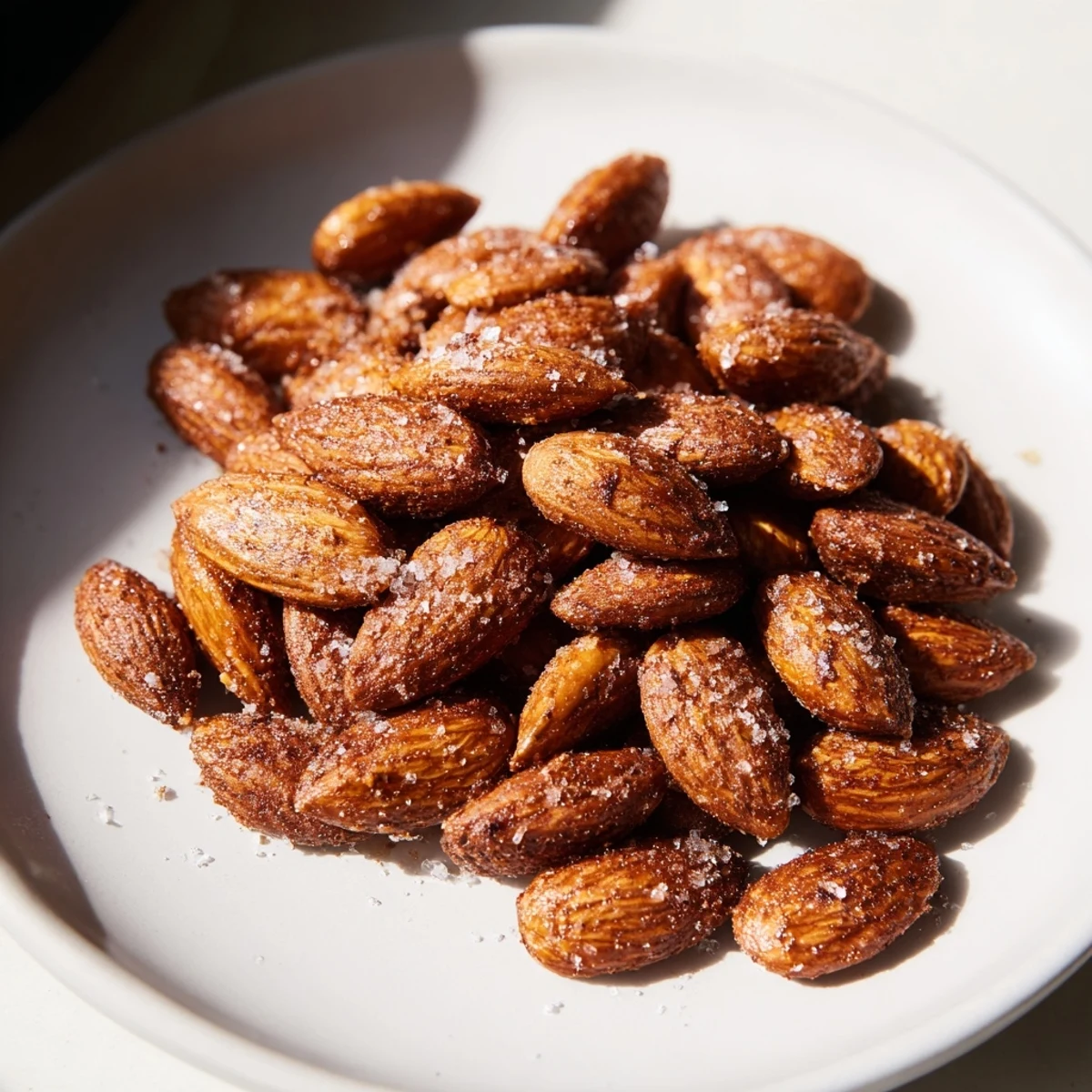 Golden roasted almonds sprinkled with sea salt in a rustic ceramic bowl