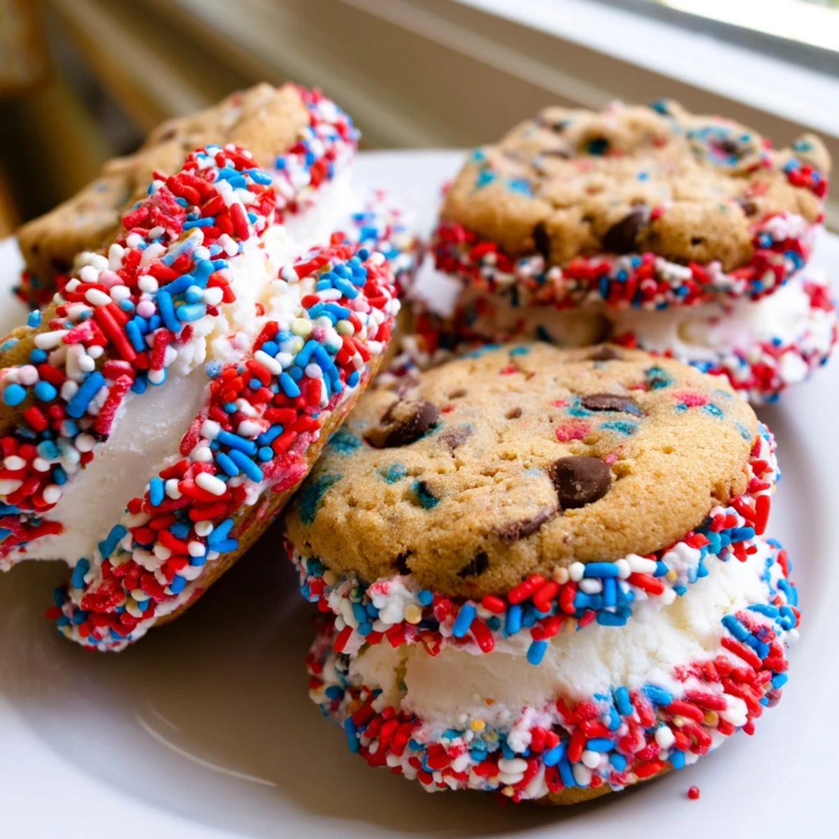 Mini patriotic ice cream sandwiches coated in red, white, and blue sprinkles on a summer dessert platter
