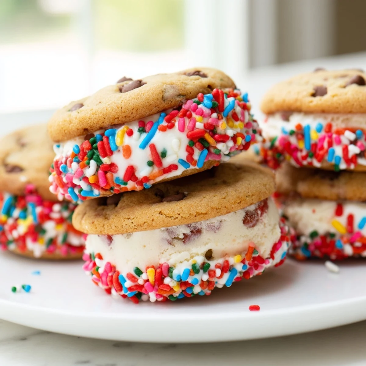 Bite-sized patriotic ice cream sandwiches with vanilla filling and colorful sprinkles for Fourth of July celebrations