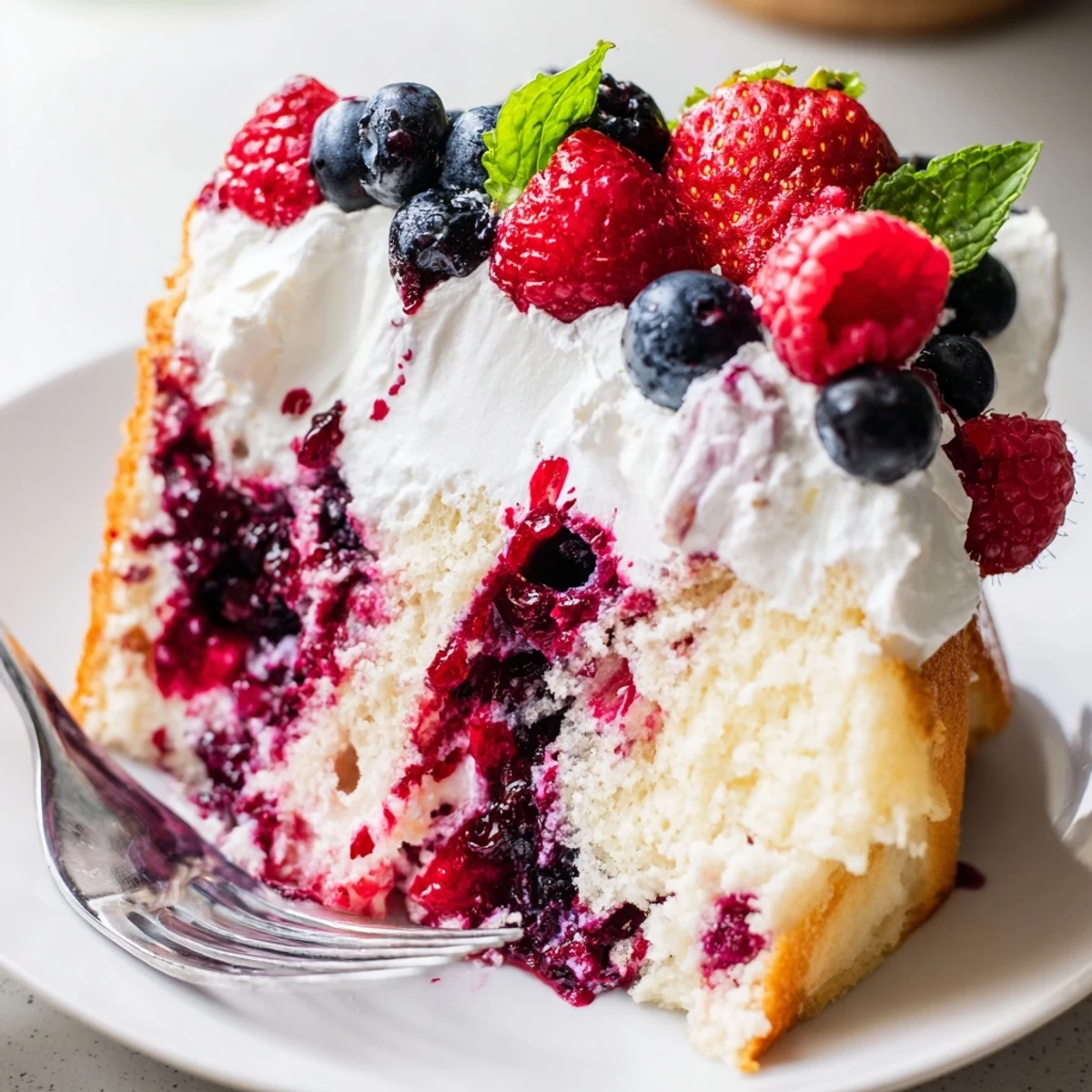 A vibrant summer berry poke cake topped with fresh whipped cream and colorful berries