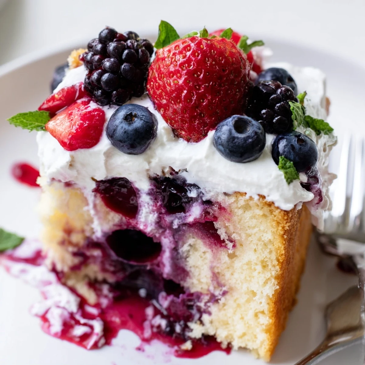 Moist vanilla summer berry poke cake drizzled with sweet berry sauce in a glass dish