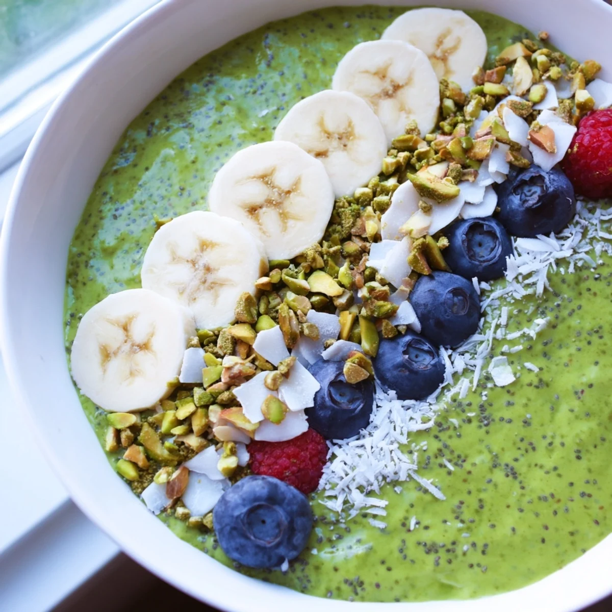 Creamy matcha overnight oats topped with fresh berries and sliced banana
