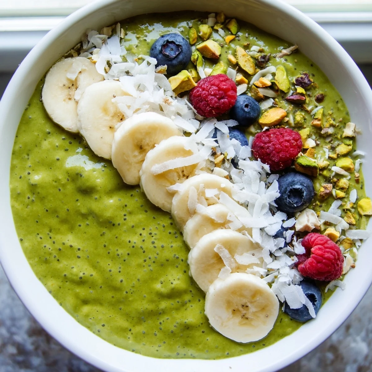 Vibrant green matcha overnight oats in a jar layered with toasted coconut