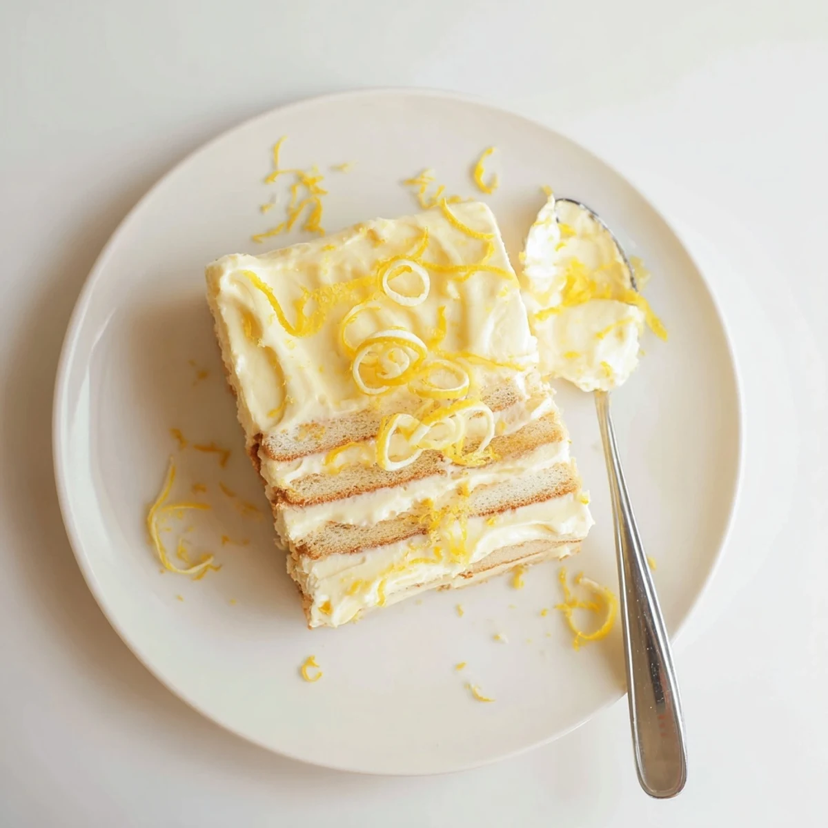 Layers of creamy lemon tiramisu topped with fresh zest in a glass dish