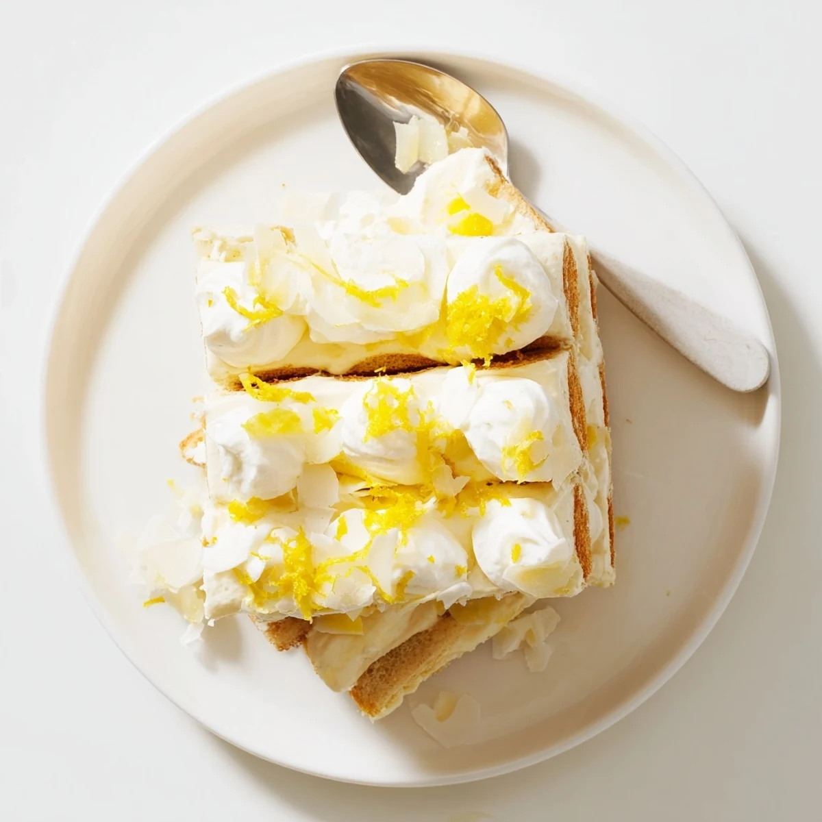 Chilled lemon tiramisu garnished with white chocolate curls on a summer dessert plate