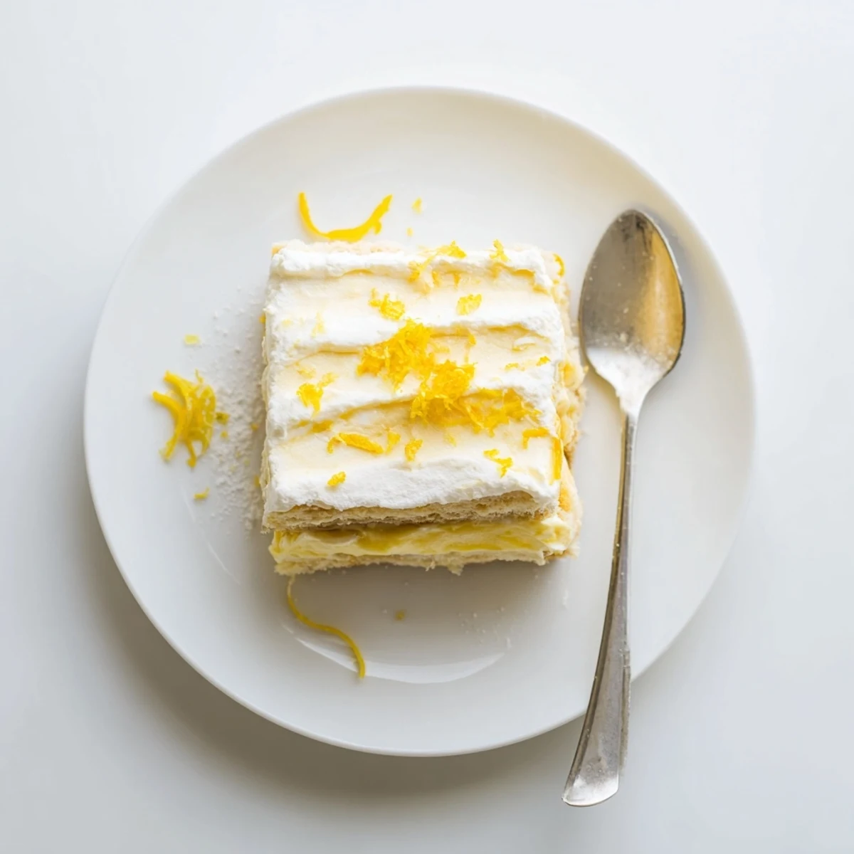 No bake lemon tiramisu slices revealing soaked ladyfingers and tangy mascarpone cream