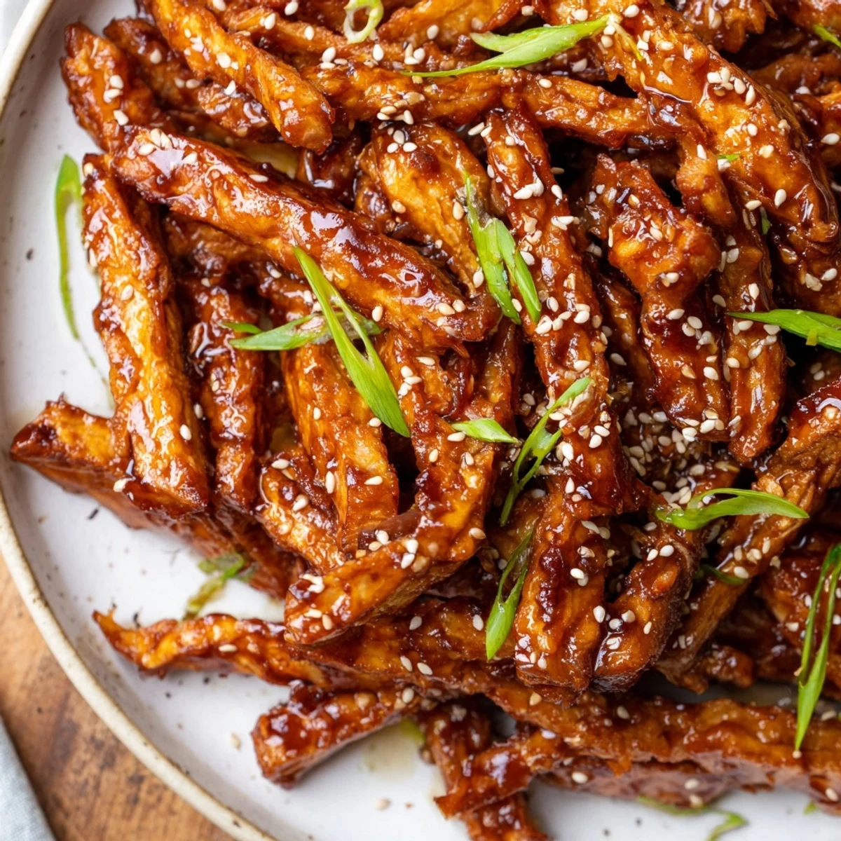 Crispy shredded tofu bulgogi bowl with saucy golden tofu over warm rice