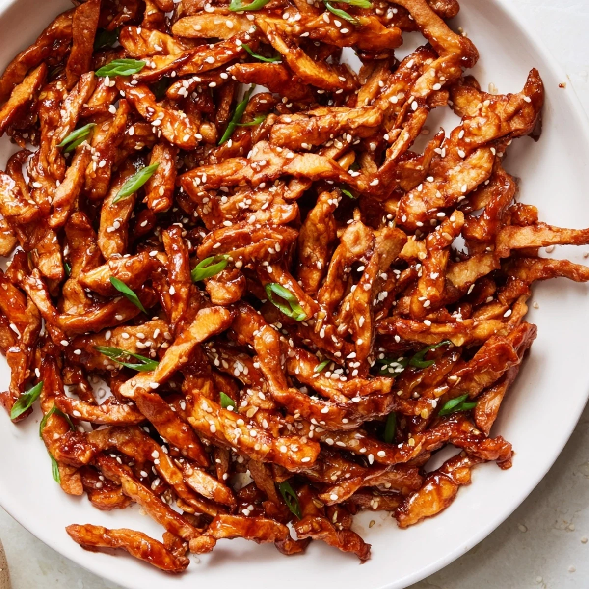 Golden crispy shredded tofu bulgogi bowl topped with colorful veggies and kimchi