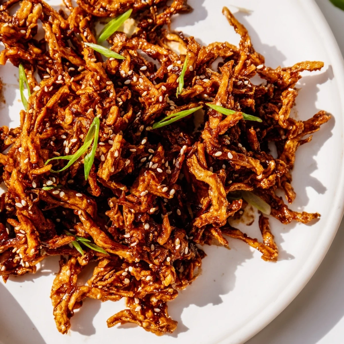 Vegan crispy shredded tofu bulgogi bowl with glossy glazed tofu and fresh garnishes
