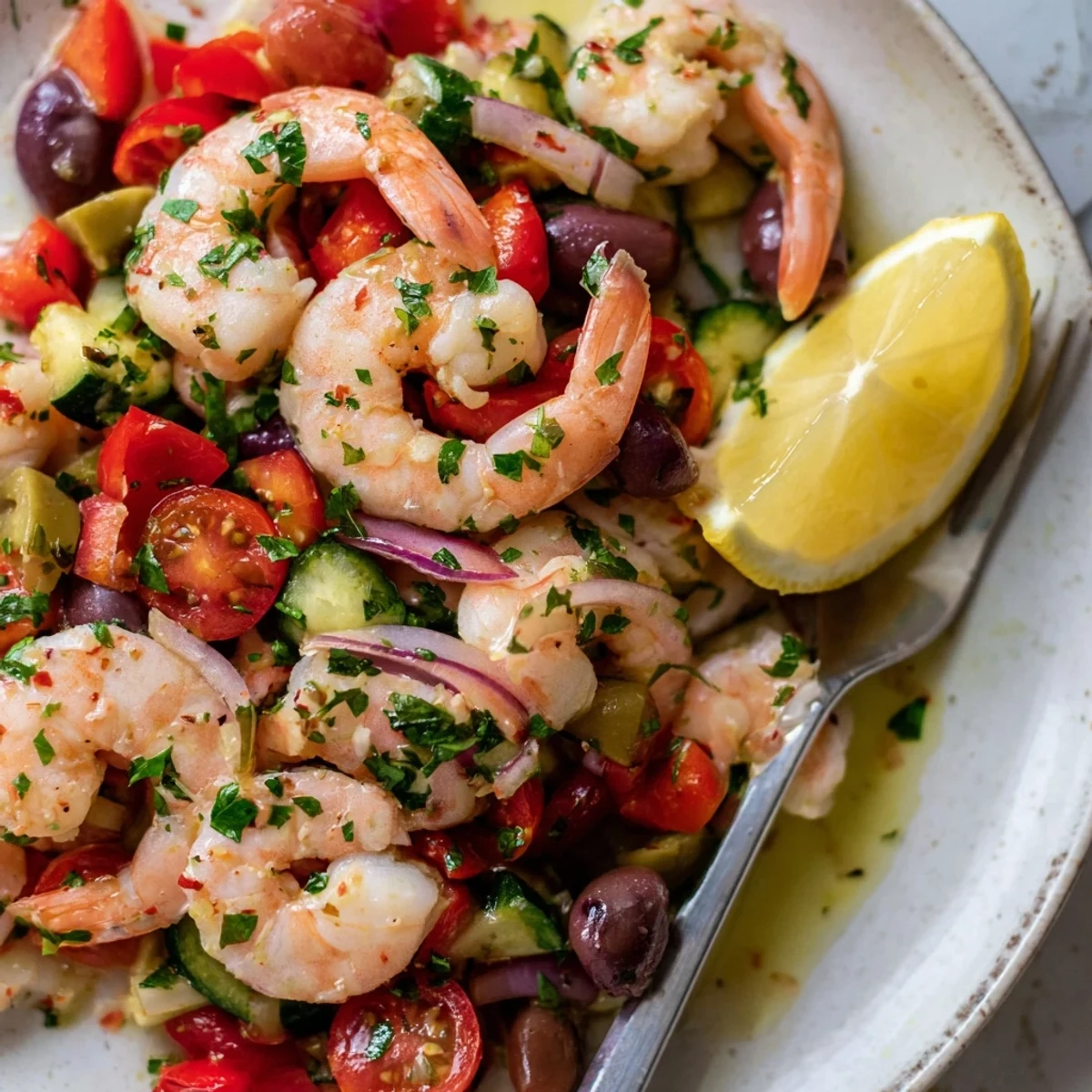 Steaming Mediterranean shrimp skillet garnished with fresh parsley and lemon wedges