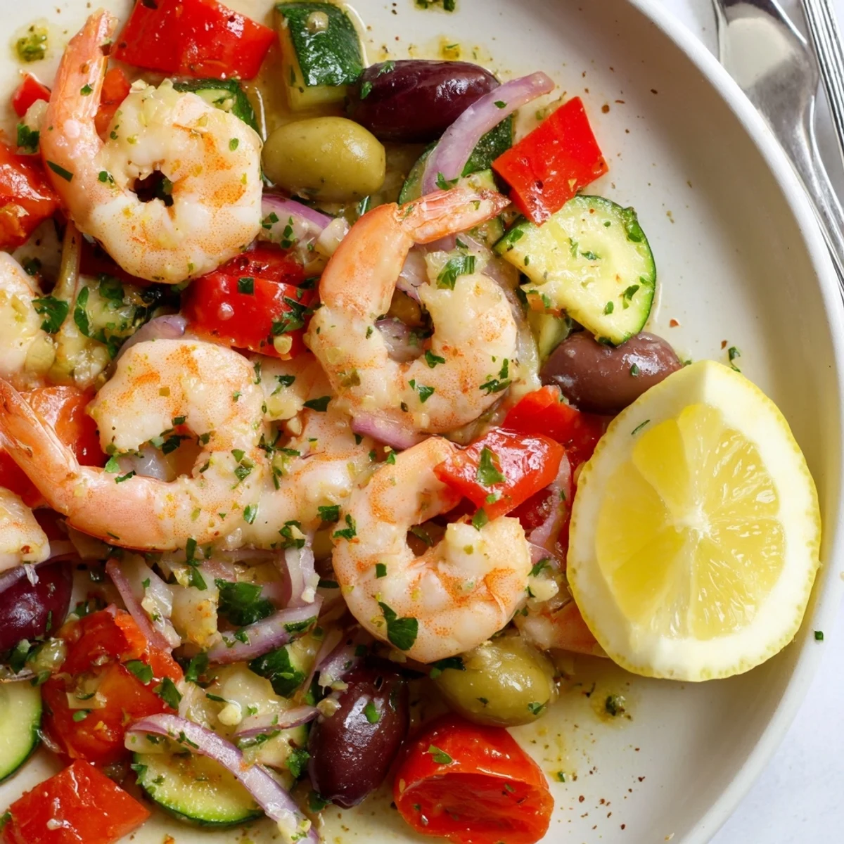 Juicy pink shrimp nestled in a bubbling Mediterranean shrimp skillet with herbs