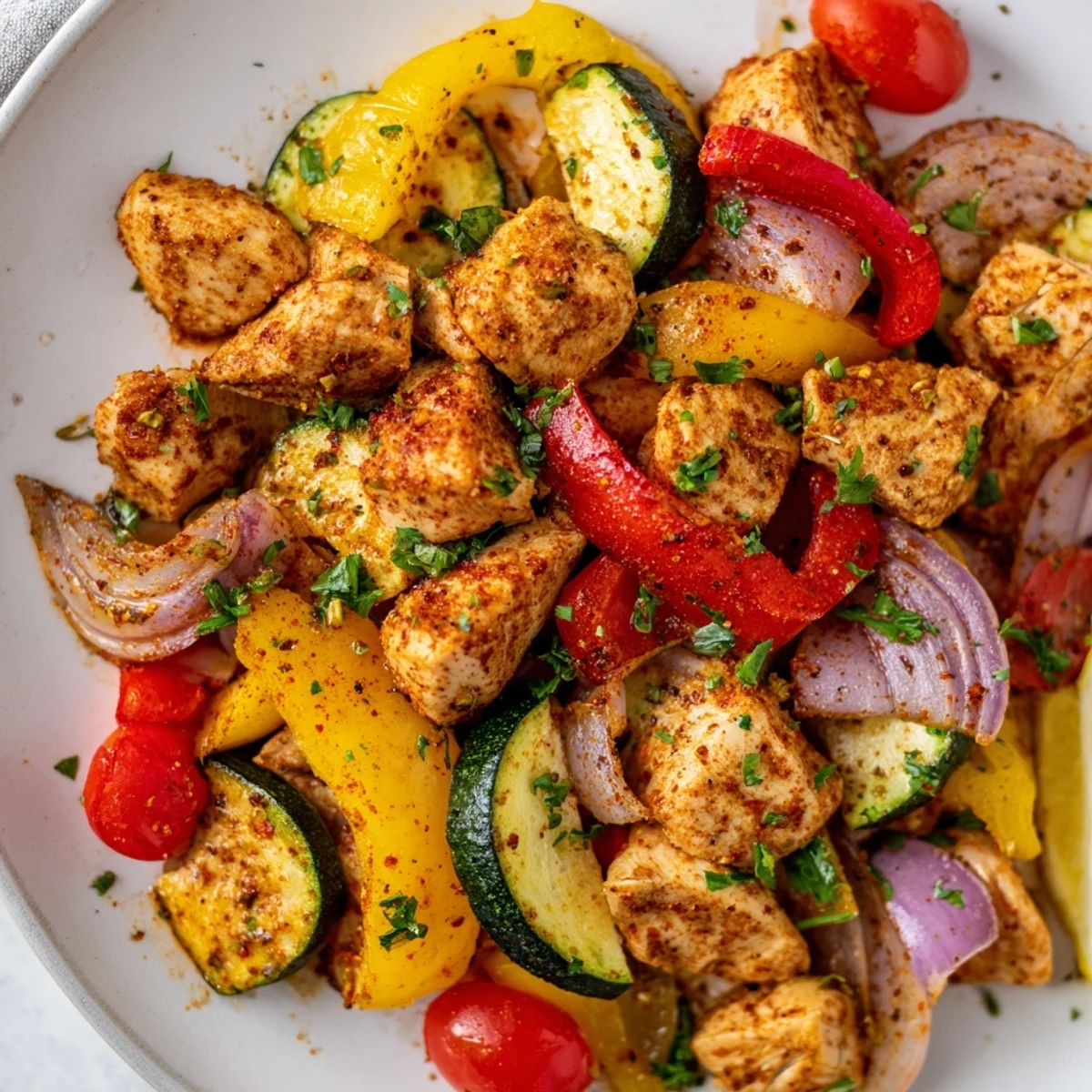Quick flavorful one pan dish with golden chicken and colorful roasted vegetables