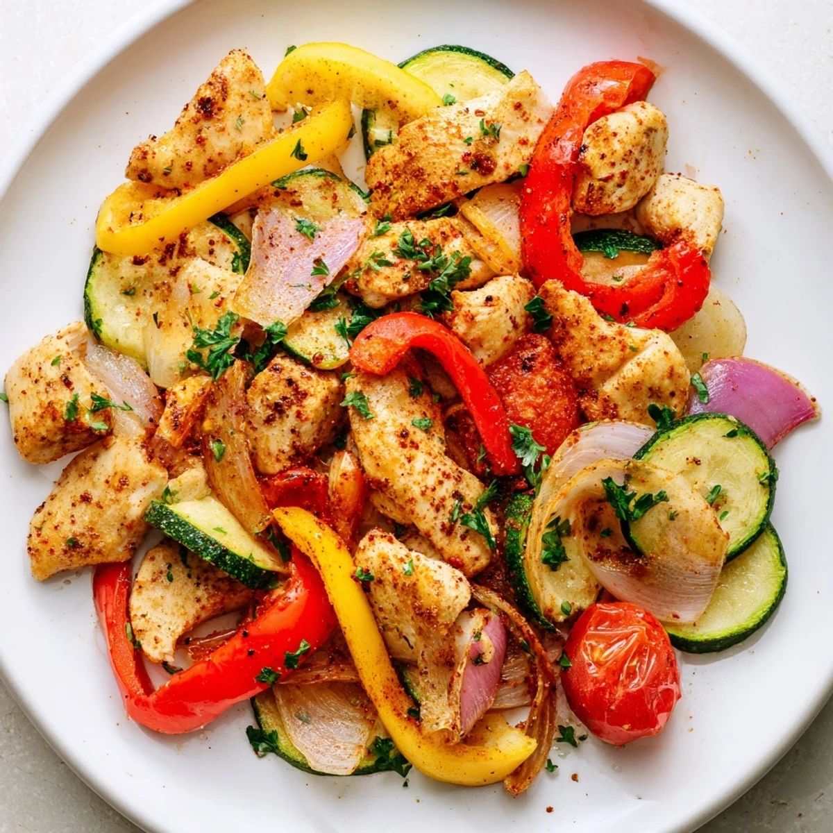 Quick flavorful one pan dish served hot with tender chicken and zucchini