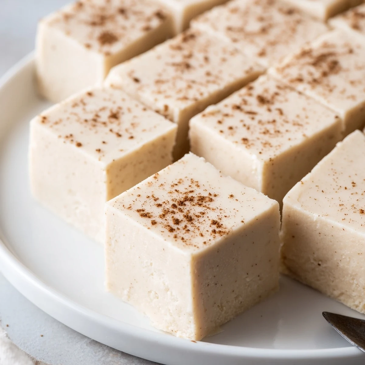Creamy Eggnog Fudge squares dusted with grated nutmeg on parchment