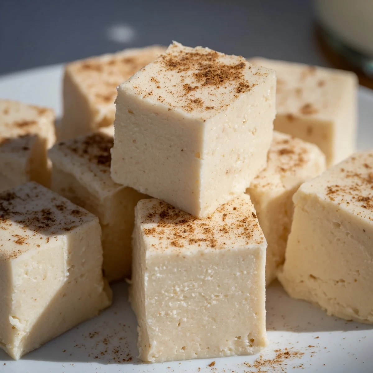 Rich Eggnog Fudge chilled in an 8x8 pan, ready for slicing